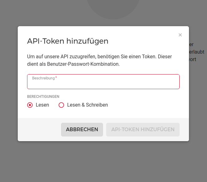 Screenshot: Hinzufügen eines API-Token.