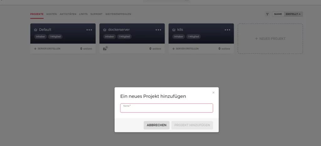 Screenshot: Projektanlage in der HETZNER CLOUD.